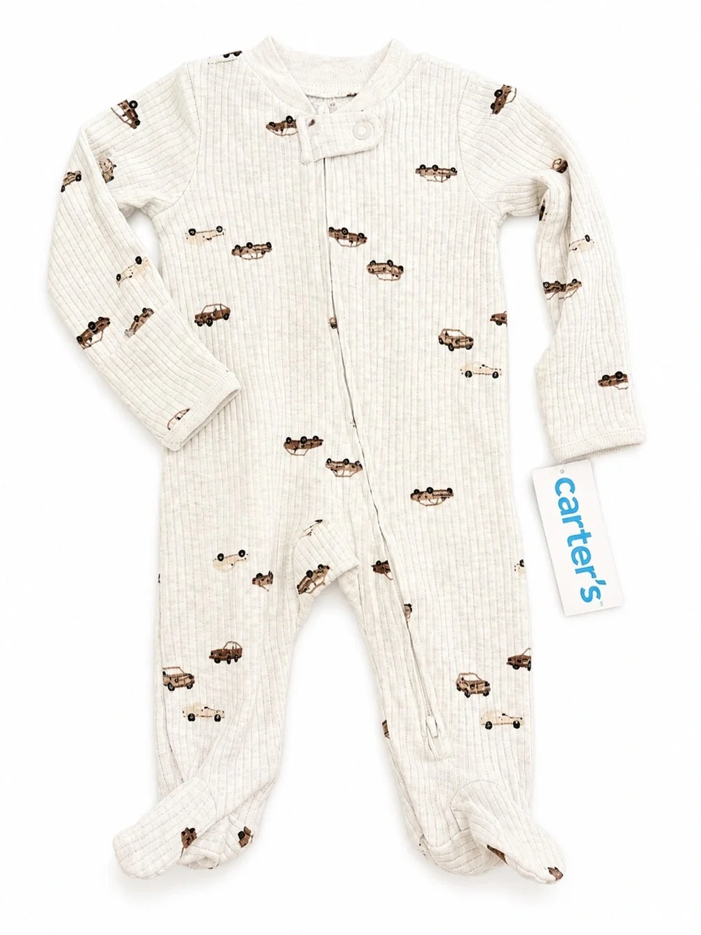 NWT Carter's Cream Ribbed Footed One-Piece with Brown Car Print